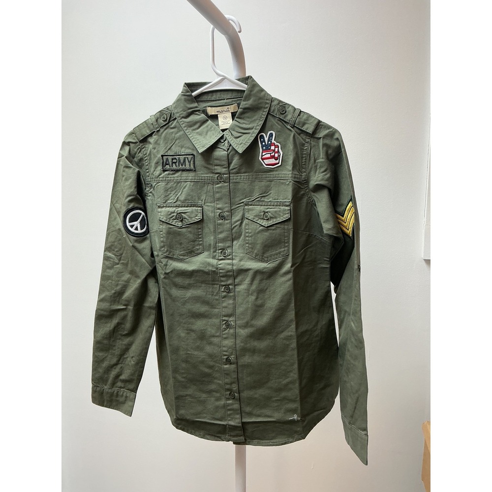 Marci Army Green Cotton Utility‎ Shirt Peace Sign Flag Patches Womens M